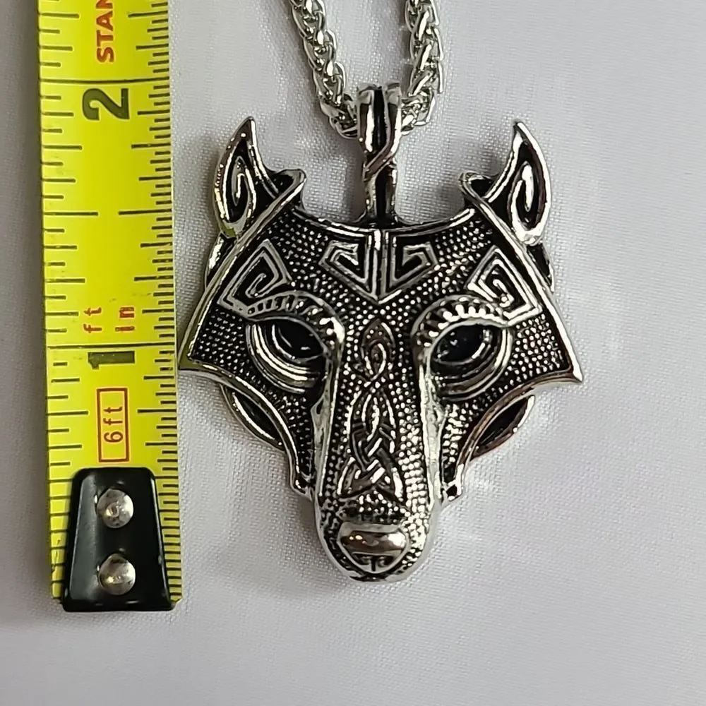 Nordic Viking Fenrir Wolf Head Stainless Steel Pendant Men's Necklace Norse NEW